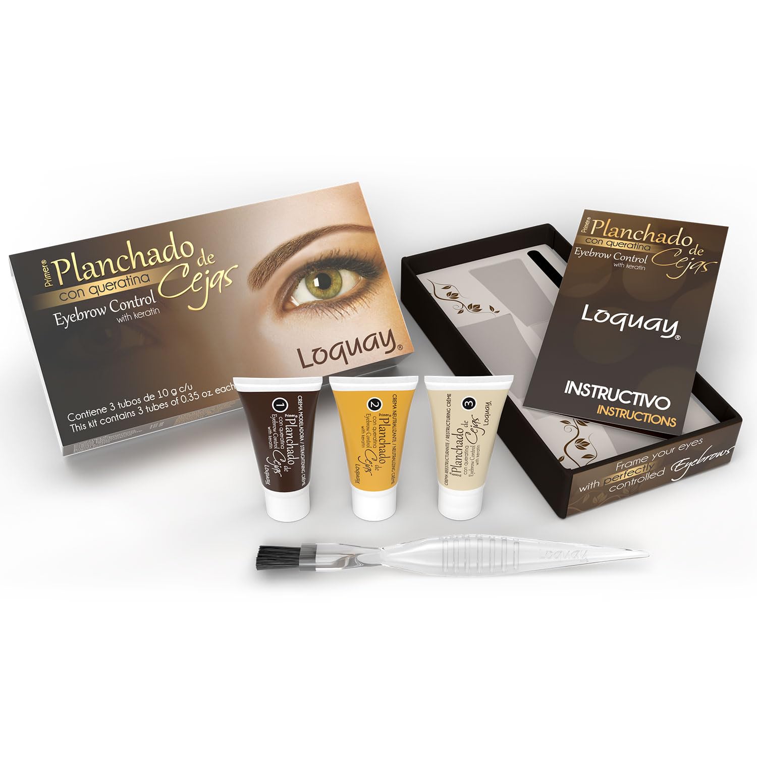 Loquay included application comb close-up for precise brow shaping and controlled results benefit