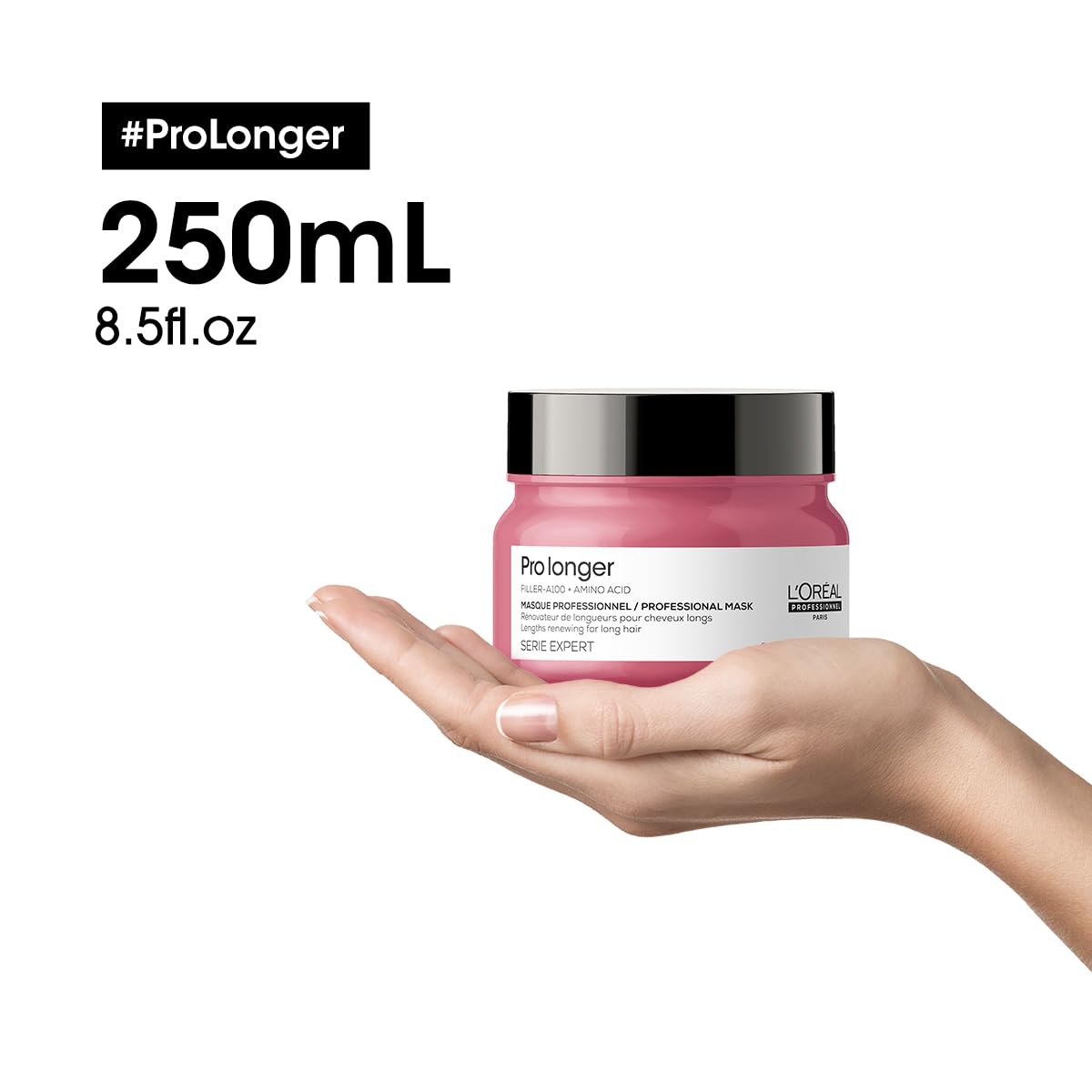 L'Oréal Professionnel Paris jar held in hand showing product size and ease