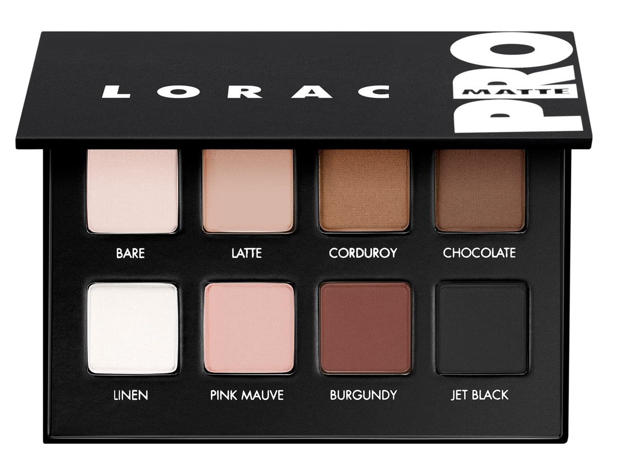 LORAC front compact view showing eight matte pans and mirror for versatile use