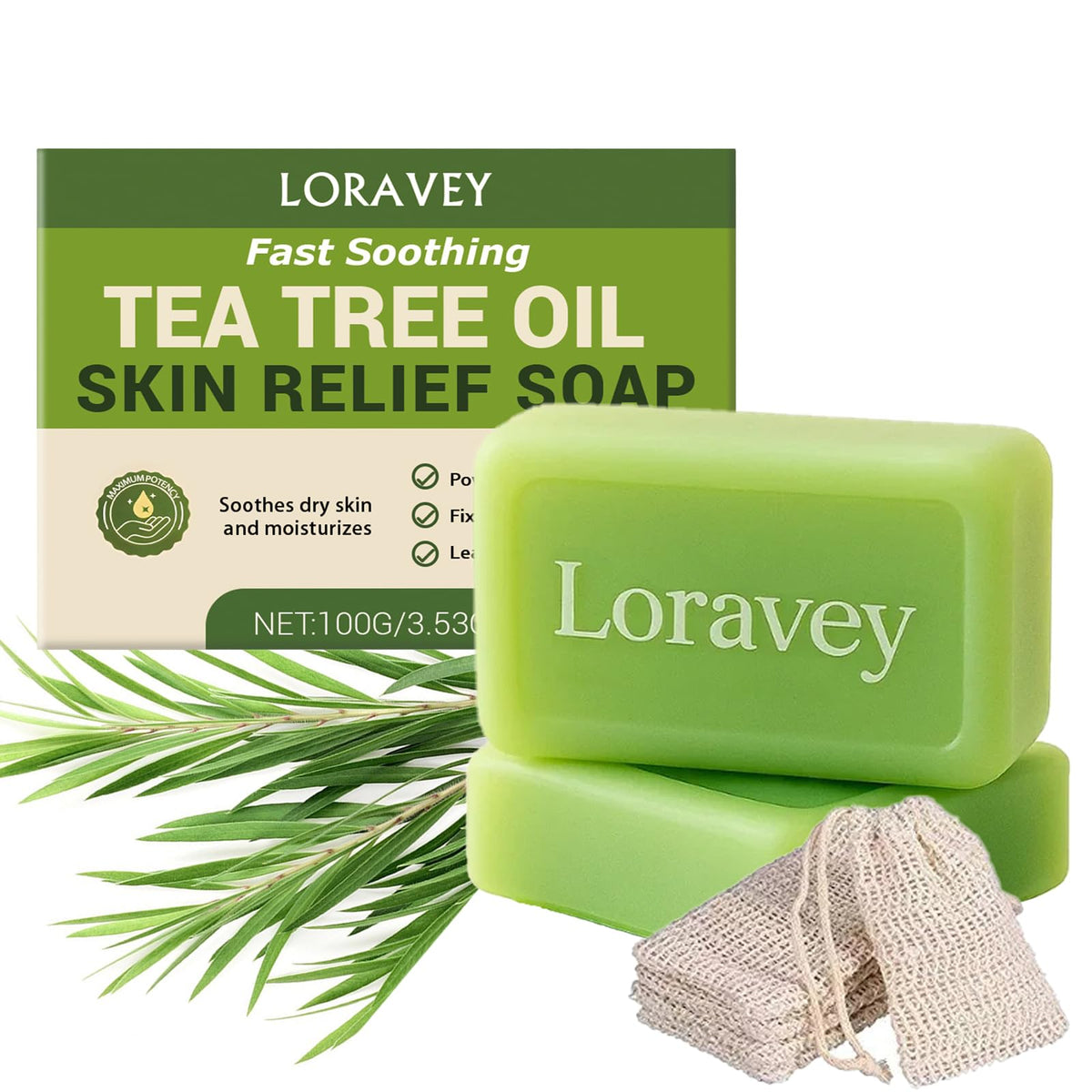 Loravey soap bar front packaging showing product and benefits