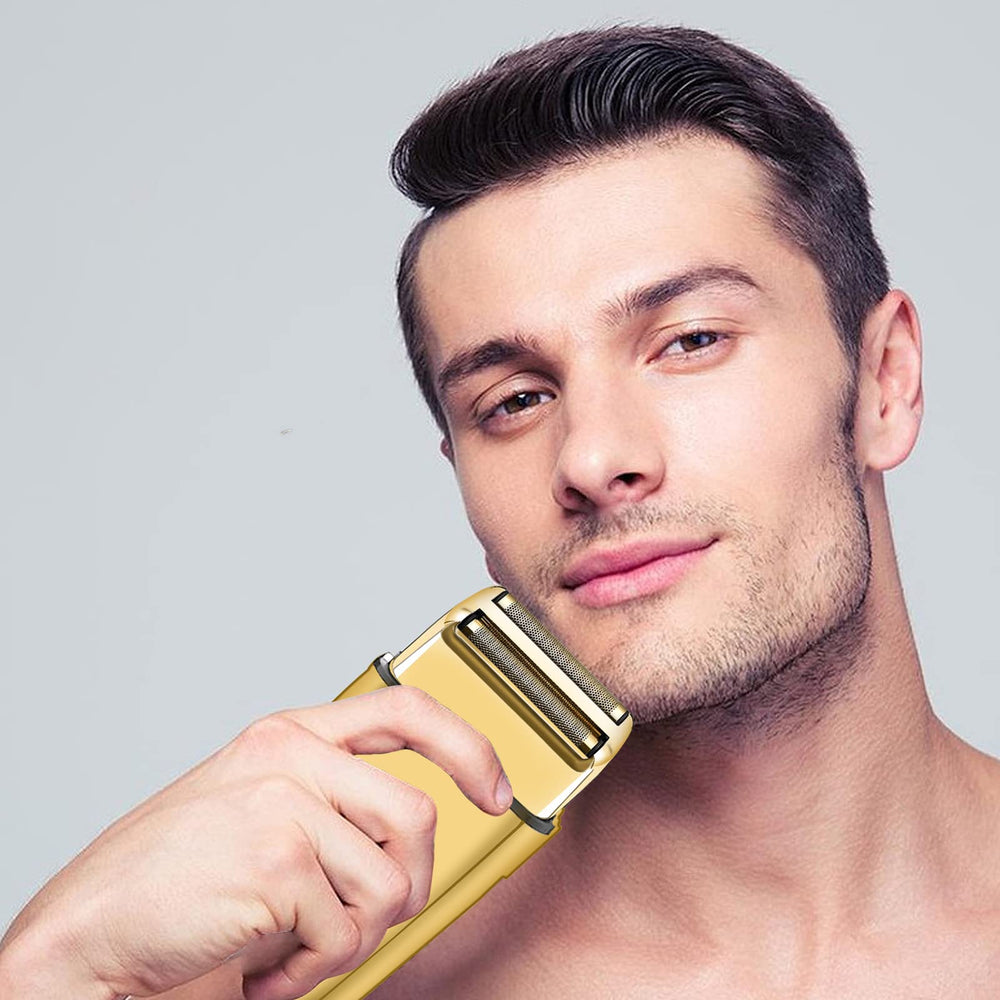 LOREAD lifestyle shot of shaver in grooming setup showing comfortable, precise results