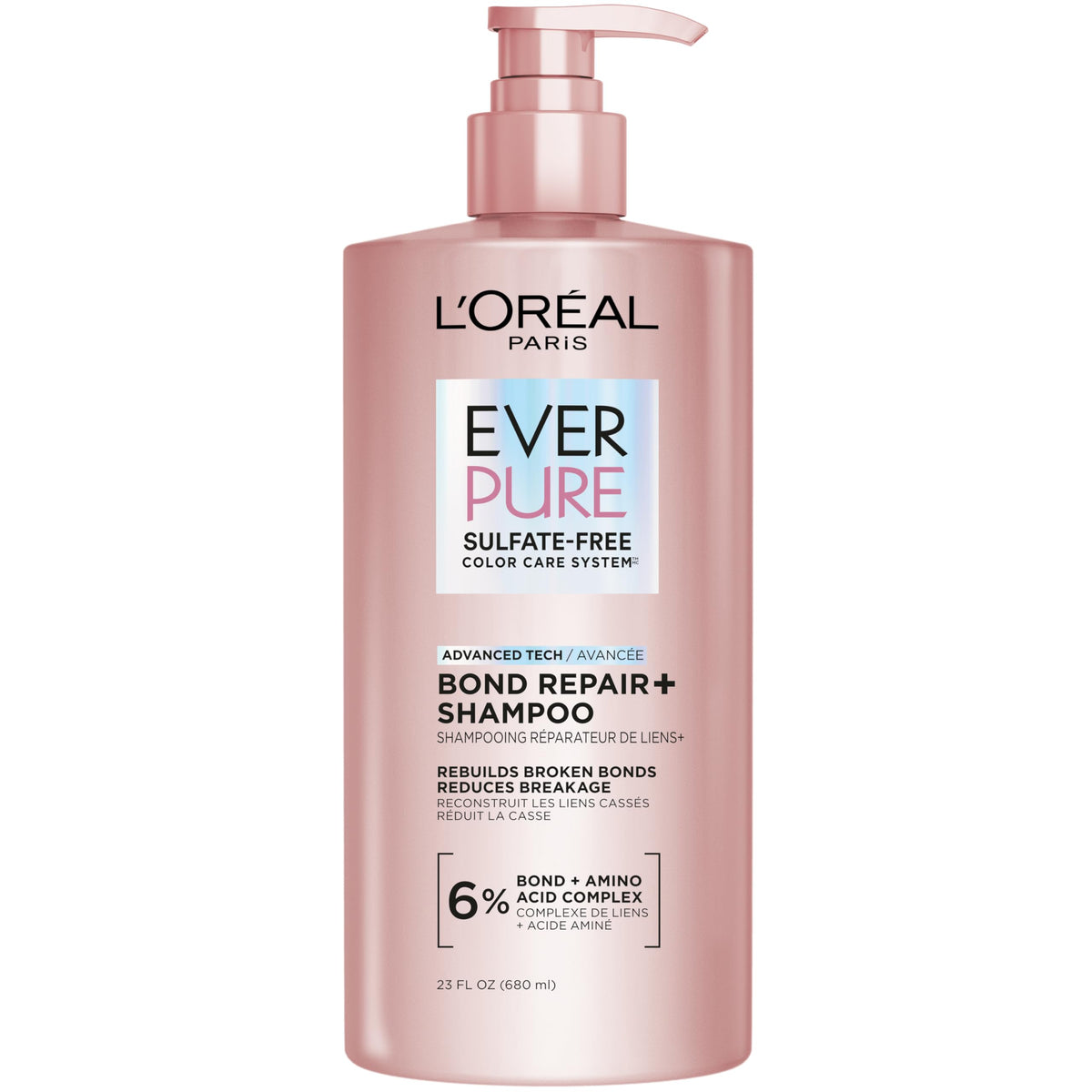 L'Oreal Paris front label showing Bond Repair+ benefits and size