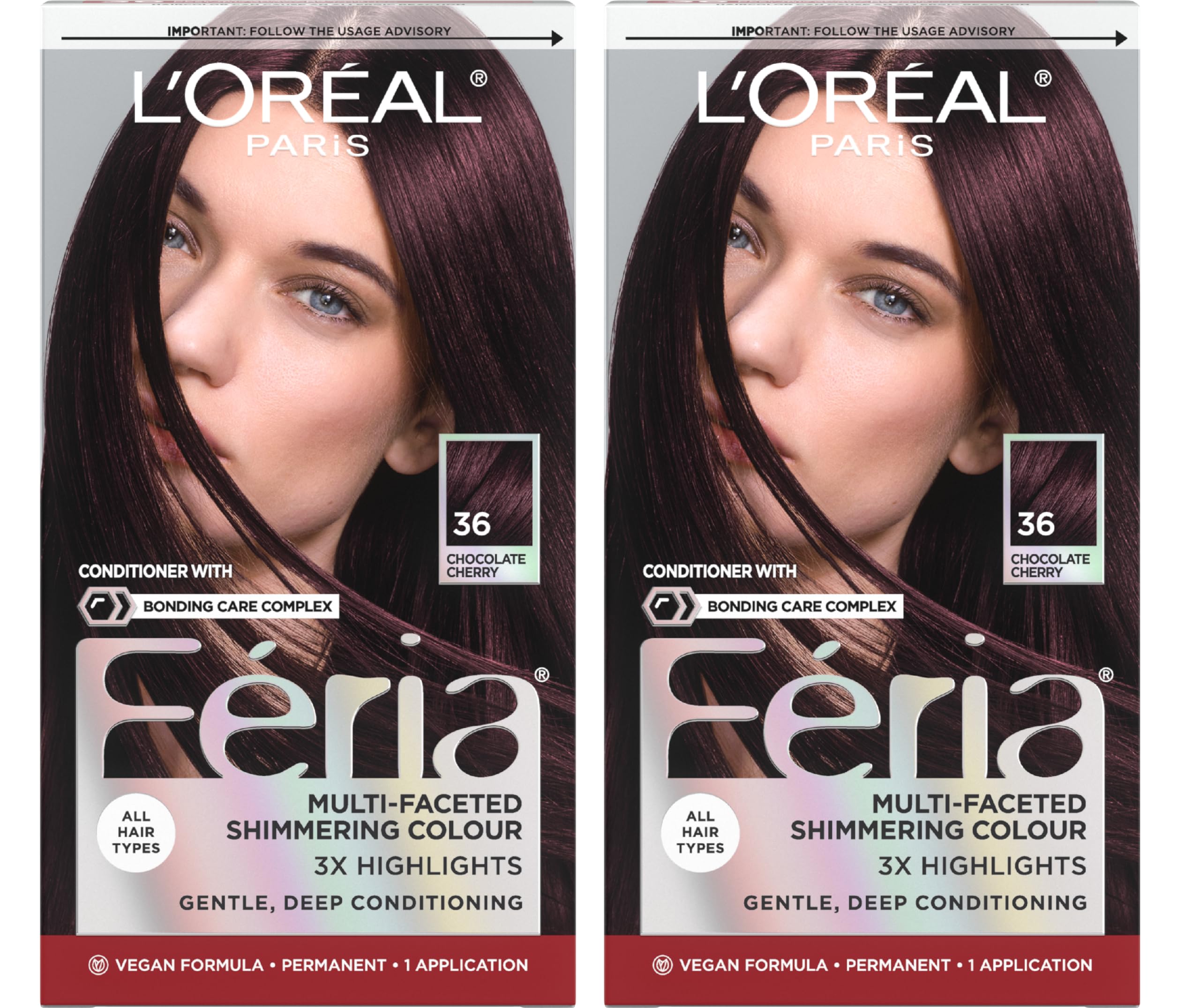 L'Oreal Feria front packaging showing chocolate cherry shade benefit rich color