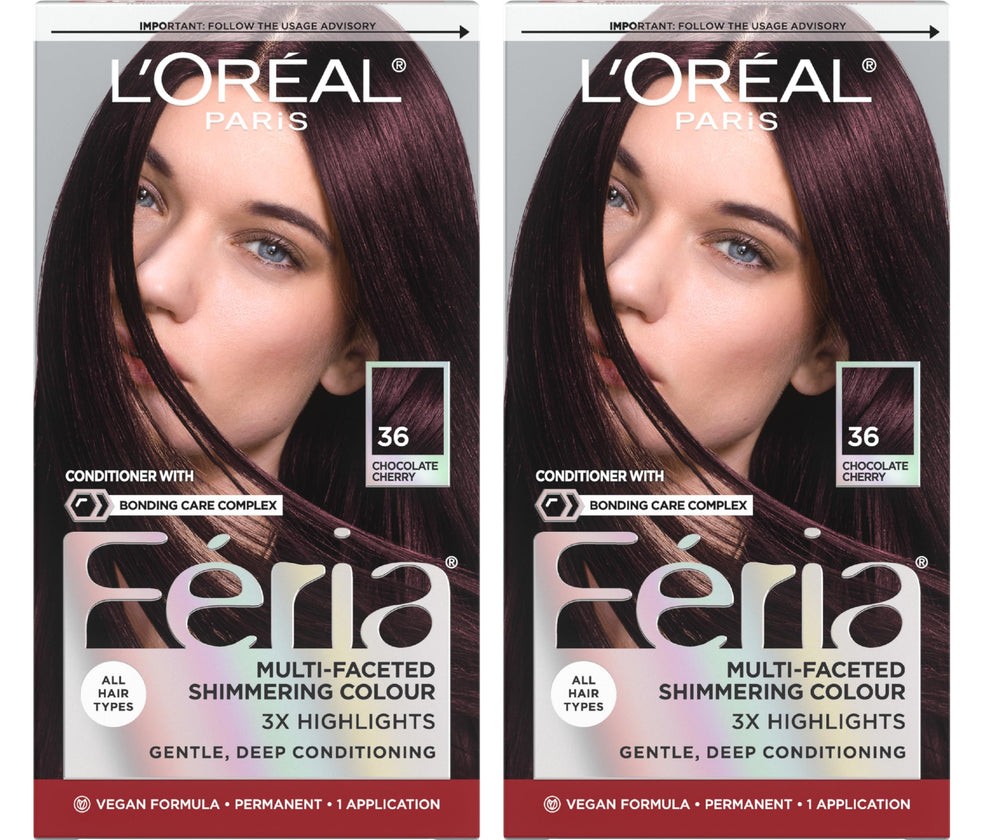 L'Oreal Feria front packaging showing chocolate cherry shade benefit rich color