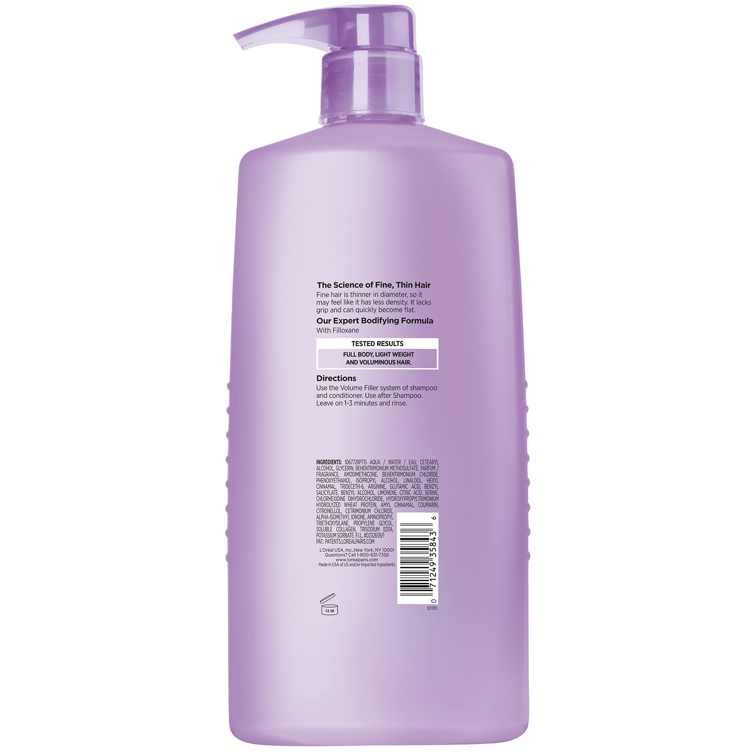 L'Oreal Paris conditioner with pump dispenser and label close-up illustrating easy use and accurate dosing benefit