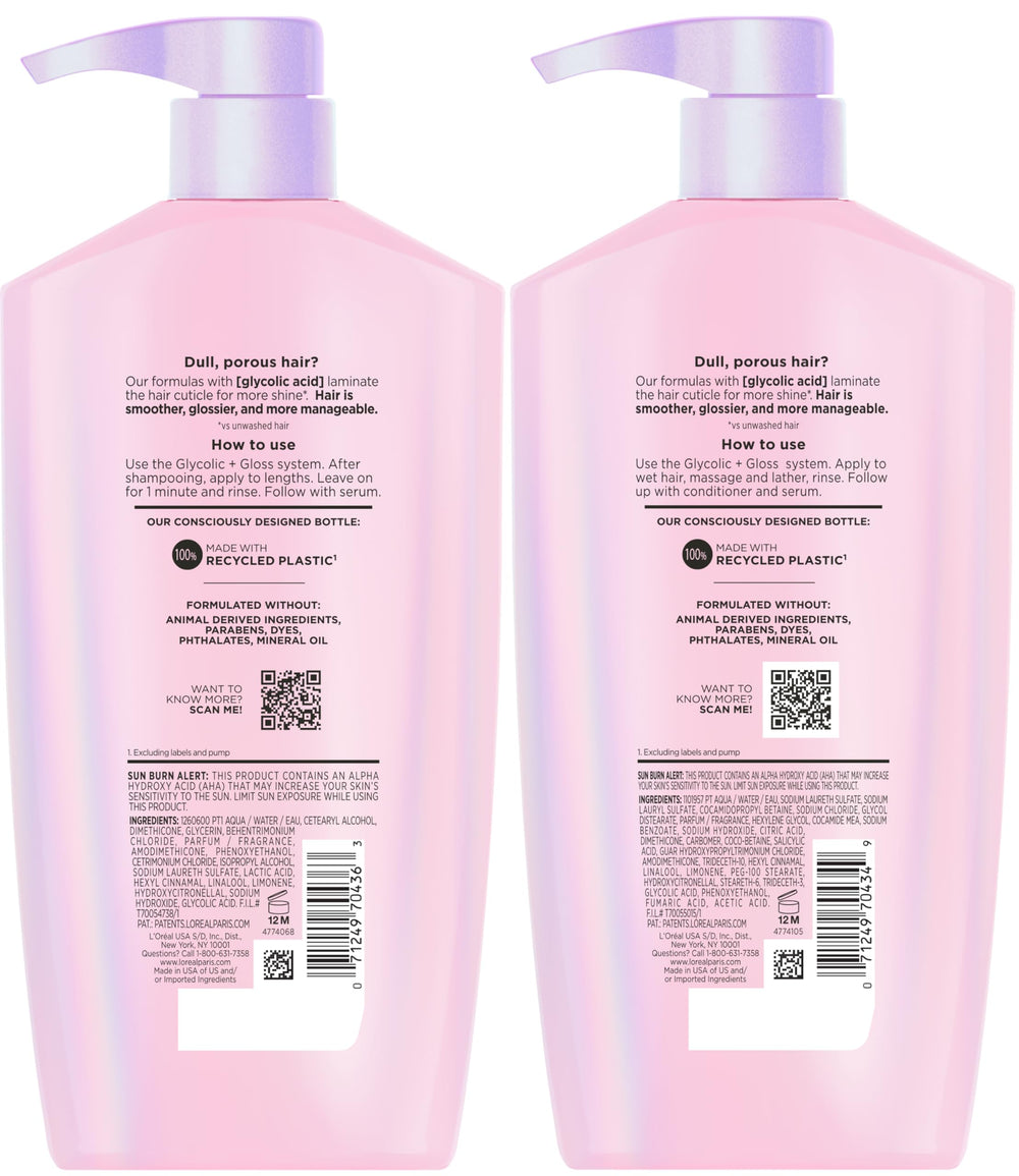 Before and after hair comparison demonstrating L'Oreal Paris gloss and smoothness
