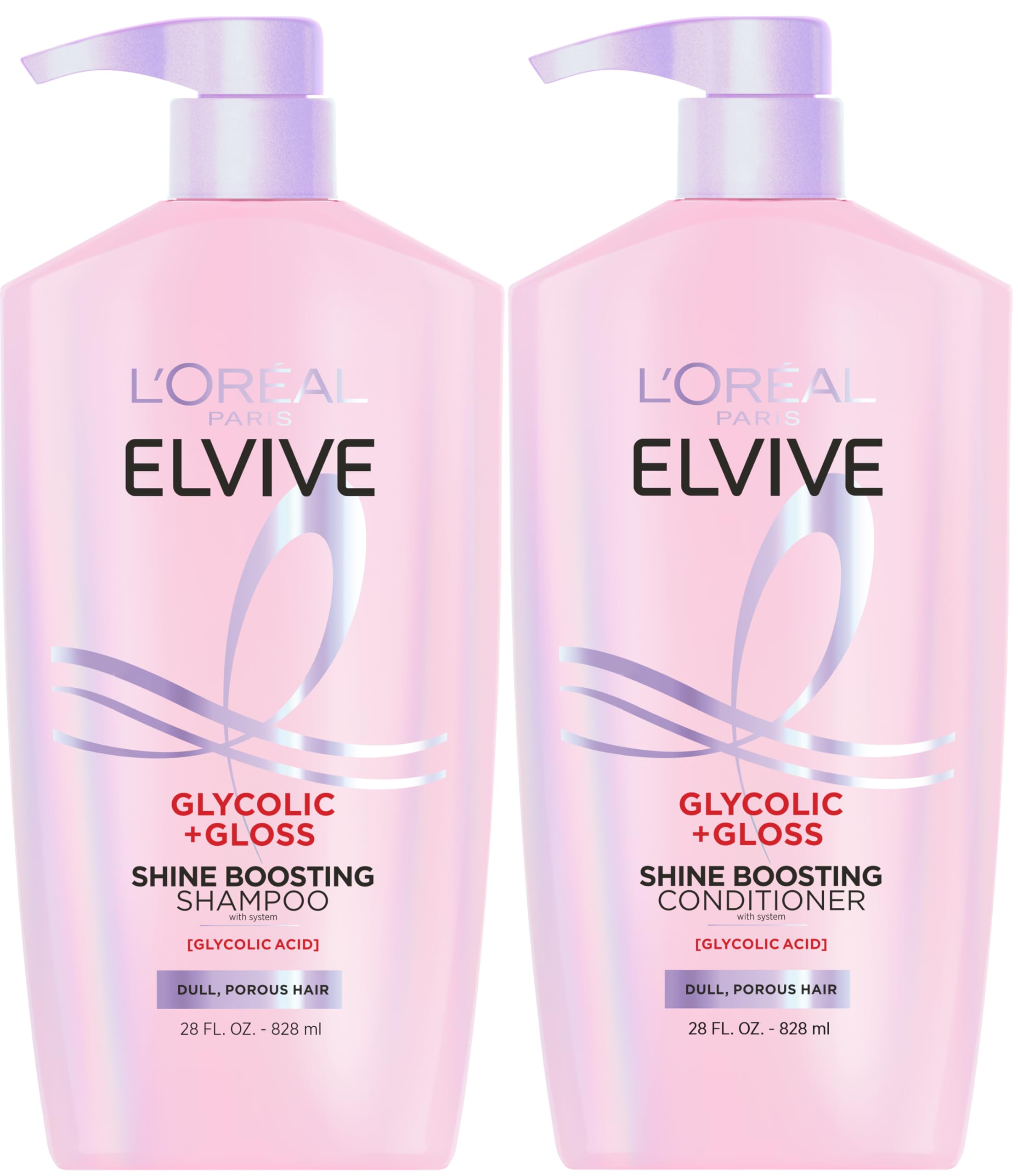 L'Oreal Paris Elvive front packaging showing full shampoo and conditioner set and benefits