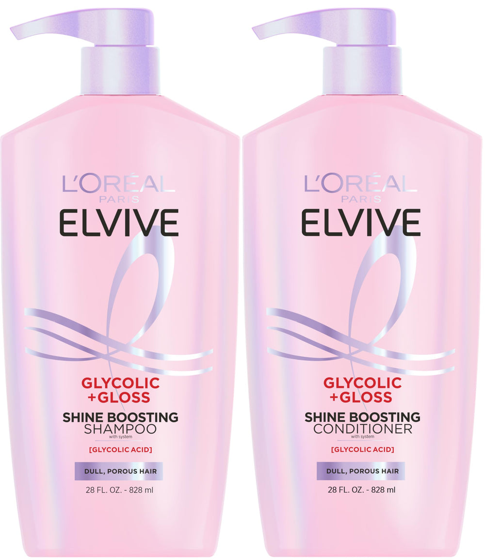 L'Oreal Paris Elvive front packaging showing full shampoo and conditioner set and benefits