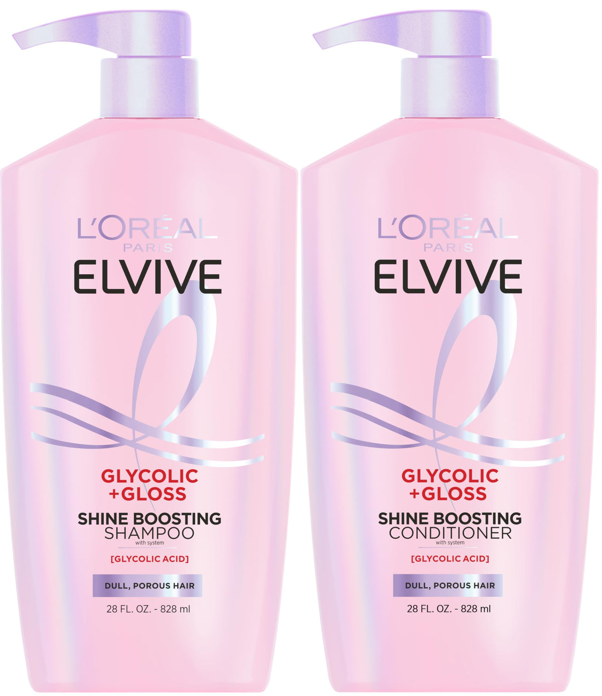 L'Oreal Paris Elvive front packaging showing full shampoo and conditioner set and benefits