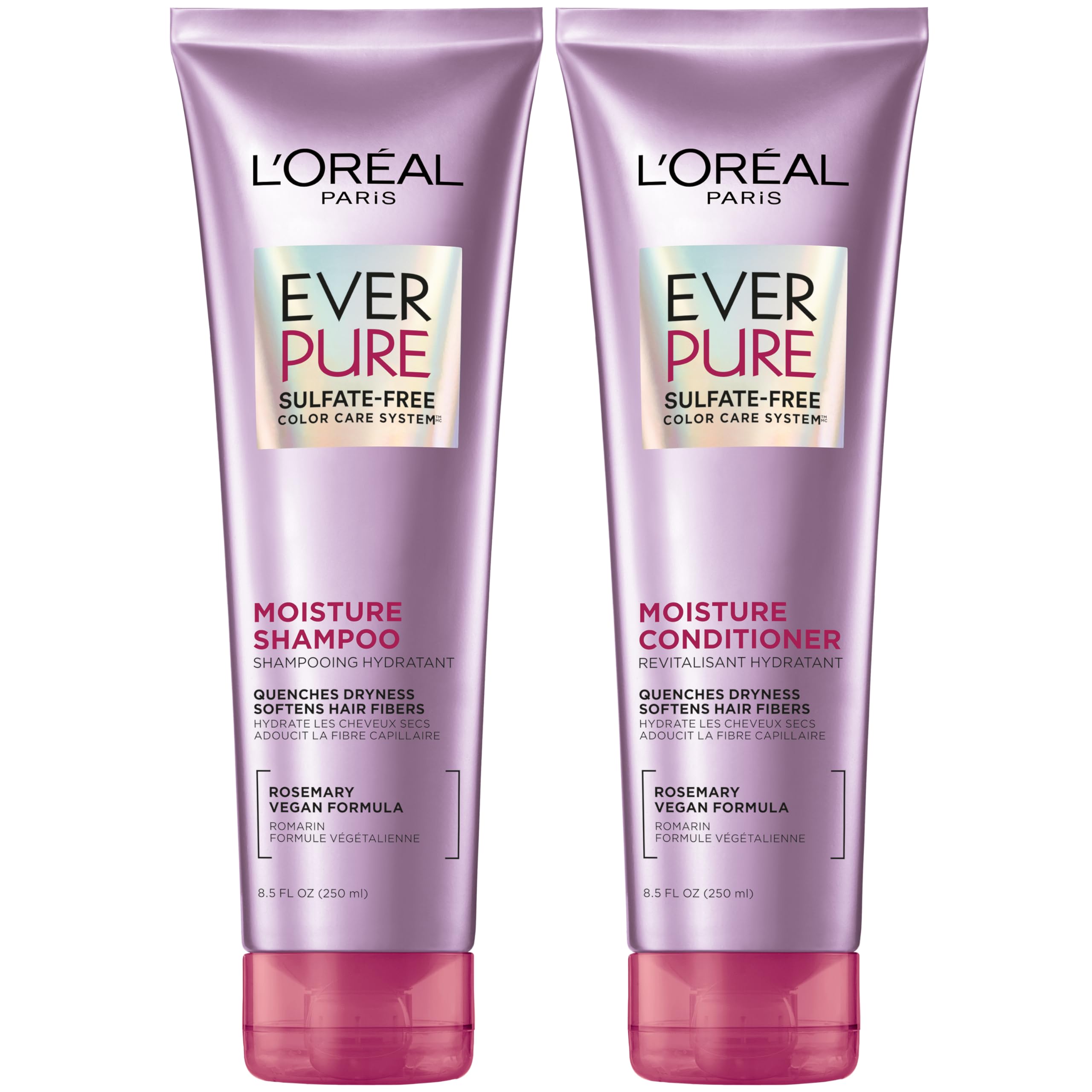 L'Oreal Paris front packaging showing the Moisture shampoo and conditioner set benefit