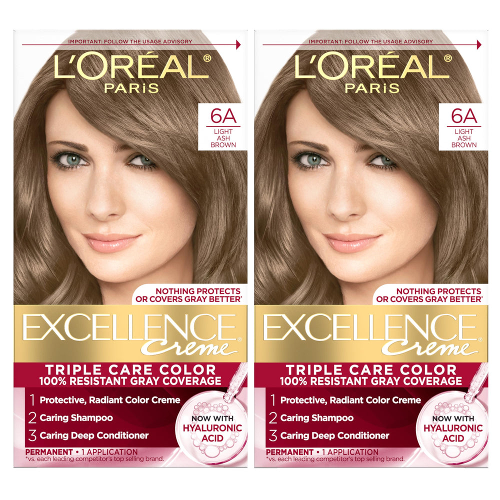 L'Oreal Paris box front showing 6A Light Ash Brown and two-count kit benefit