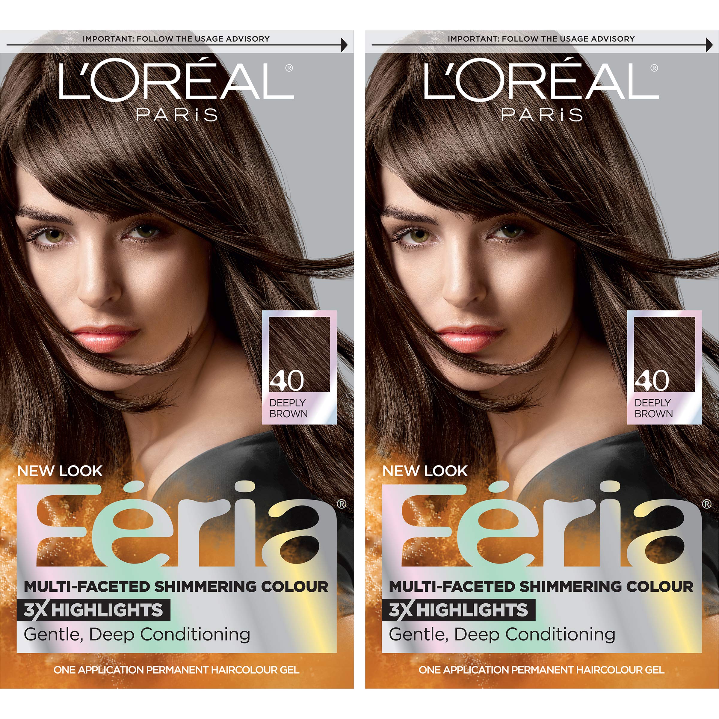 L'Oreal Feria front packaging showing shade 40 Espresso and benefits