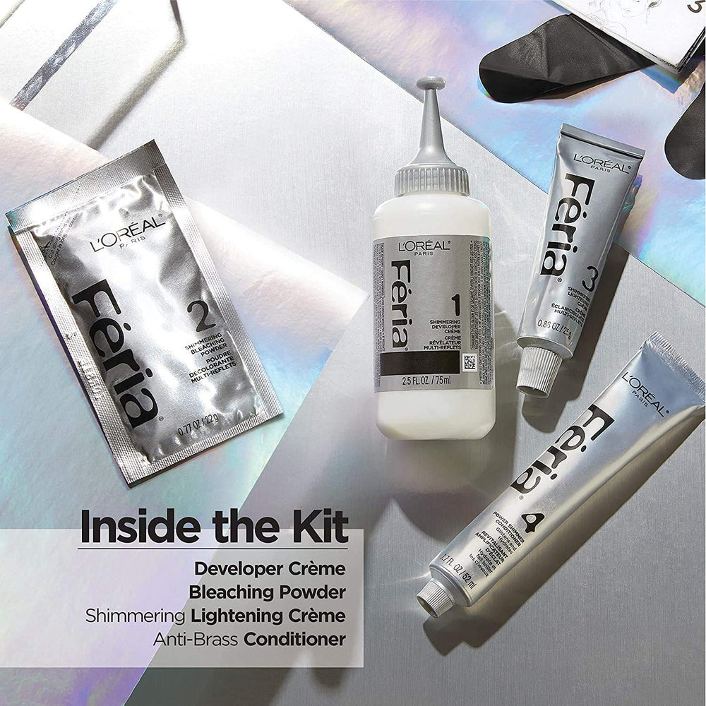 L'Oreal Paris Feria applied on model displaying reflective platinum finish