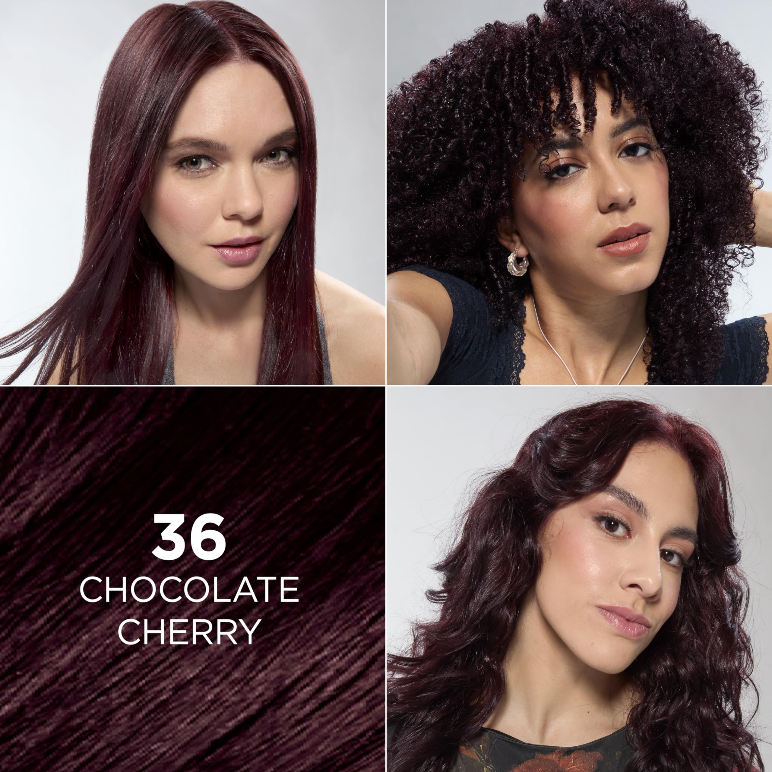 L'Oreal Feria hair swatches displaying chocolate cherry tones for shade guidance