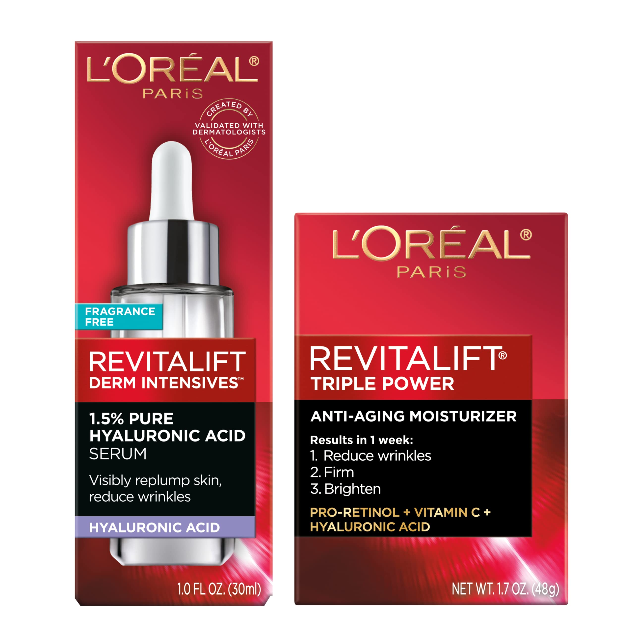 L'Oreal Paris hyaluronic acid serum bottle close-up, precise dosing benefit