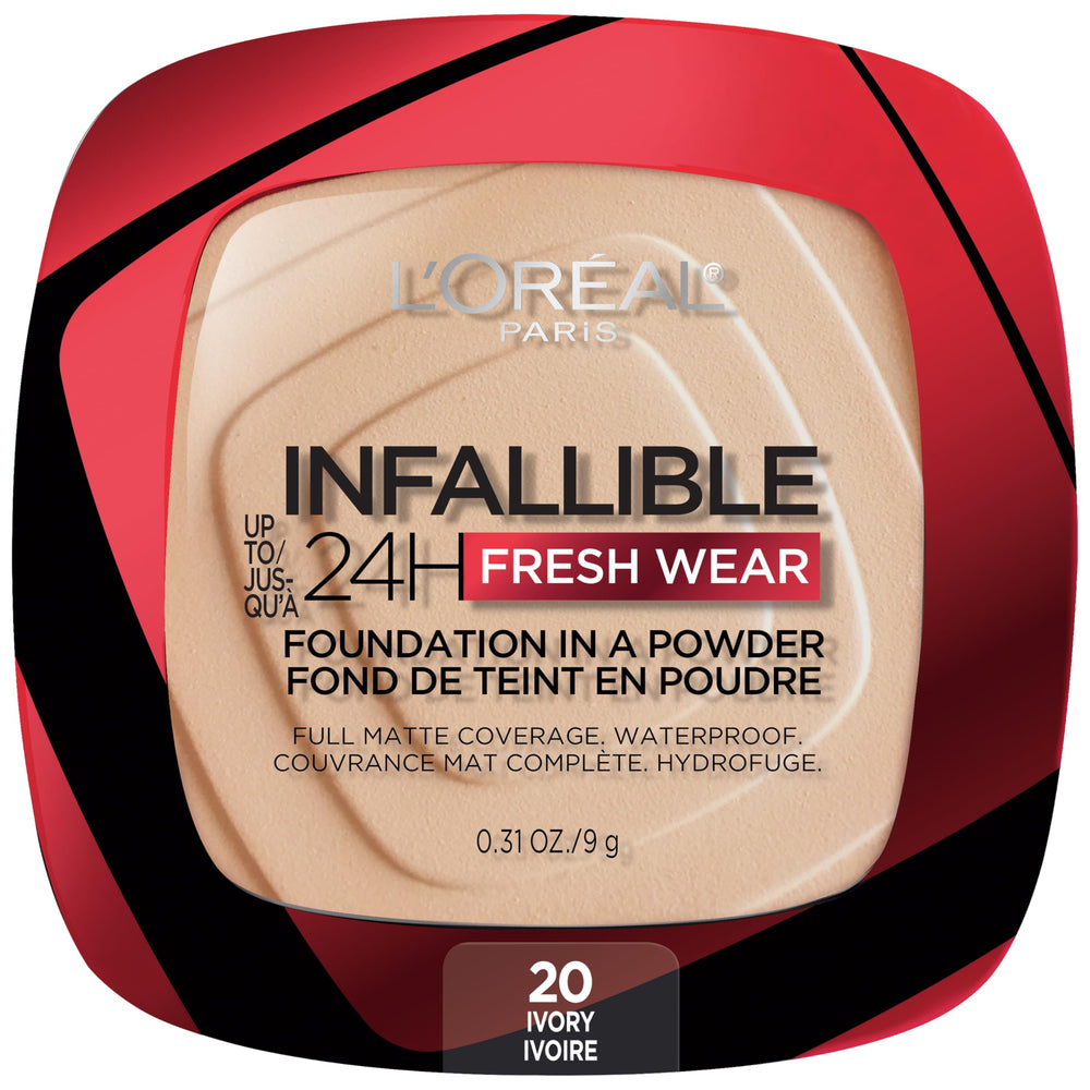L'Oreal Paris powder compact front view showing compact design and portability benefit