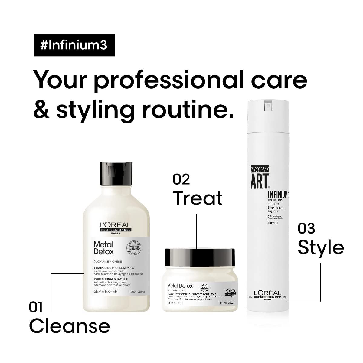 Before and after hair shot showing L'Oréal Professionnel Infinium 3 frizz control