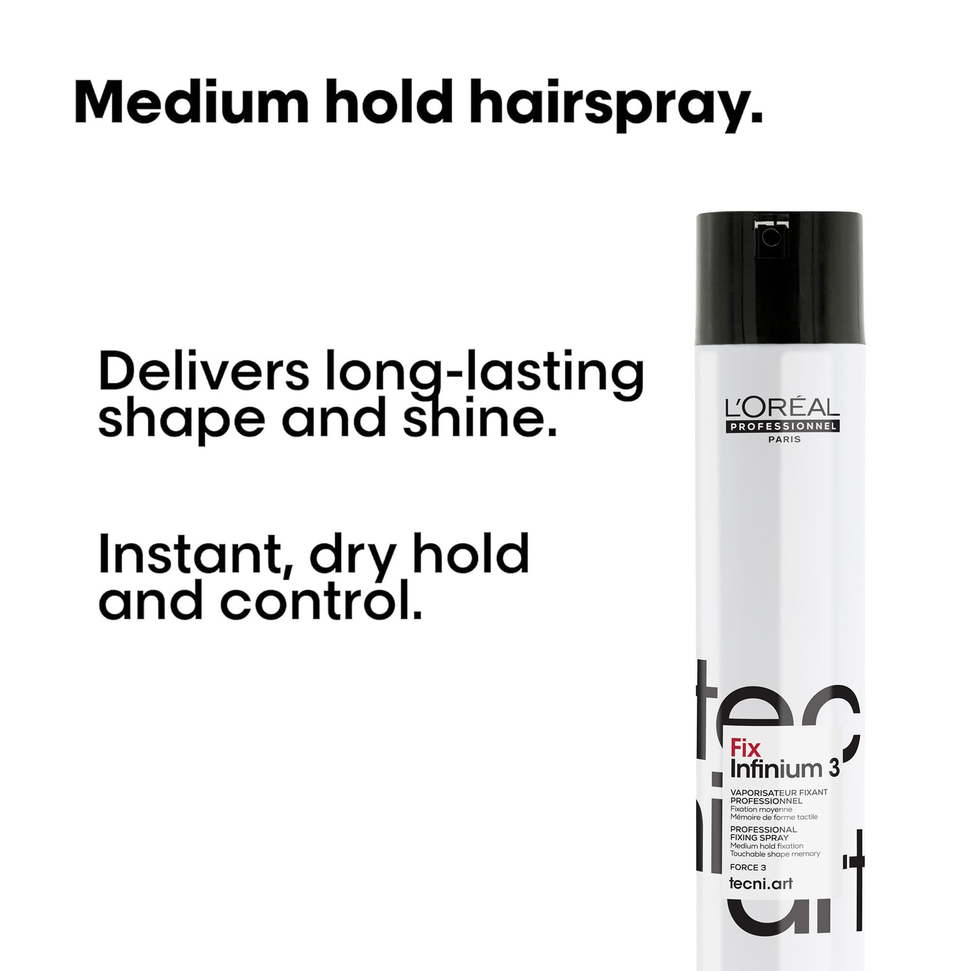 Stylist using L'Oréal Professionnel Infinium 3 to set a finished hairstyle