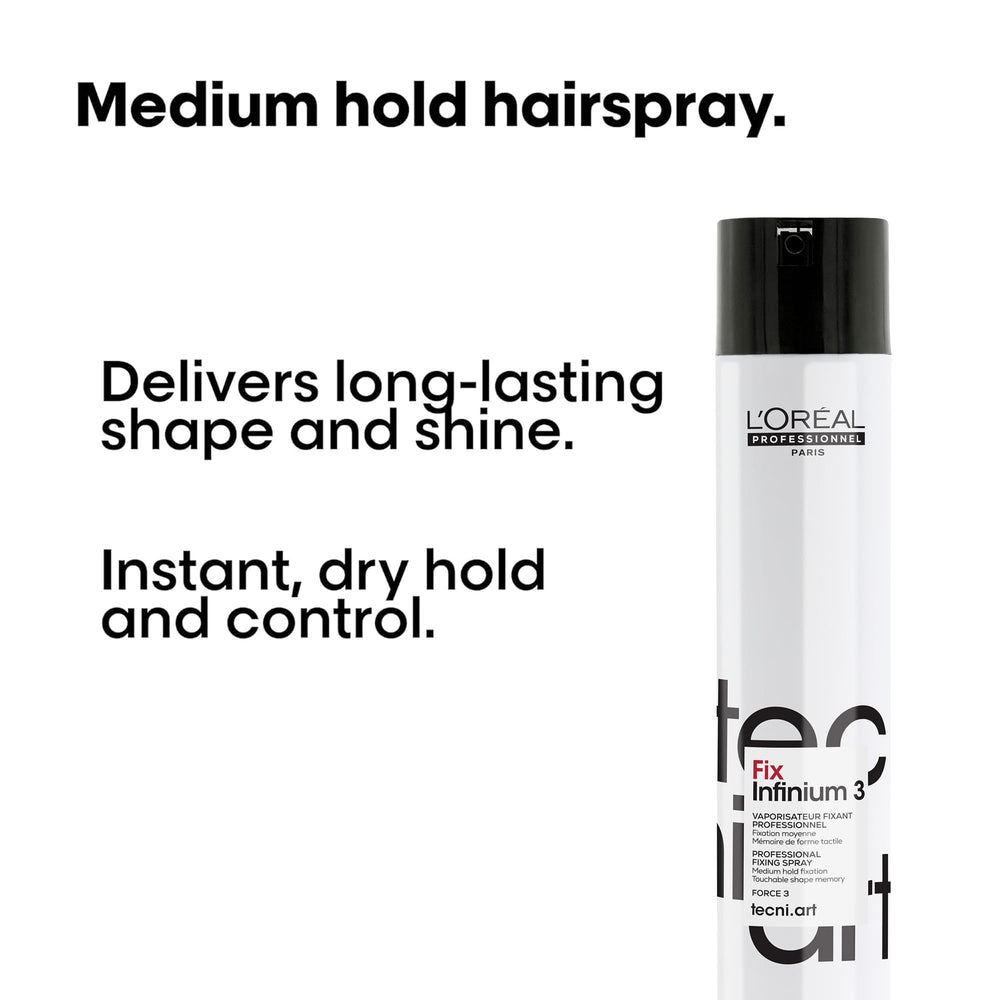 Stylist using L'Oréal Professionnel Infinium 3 to set a finished hairstyle