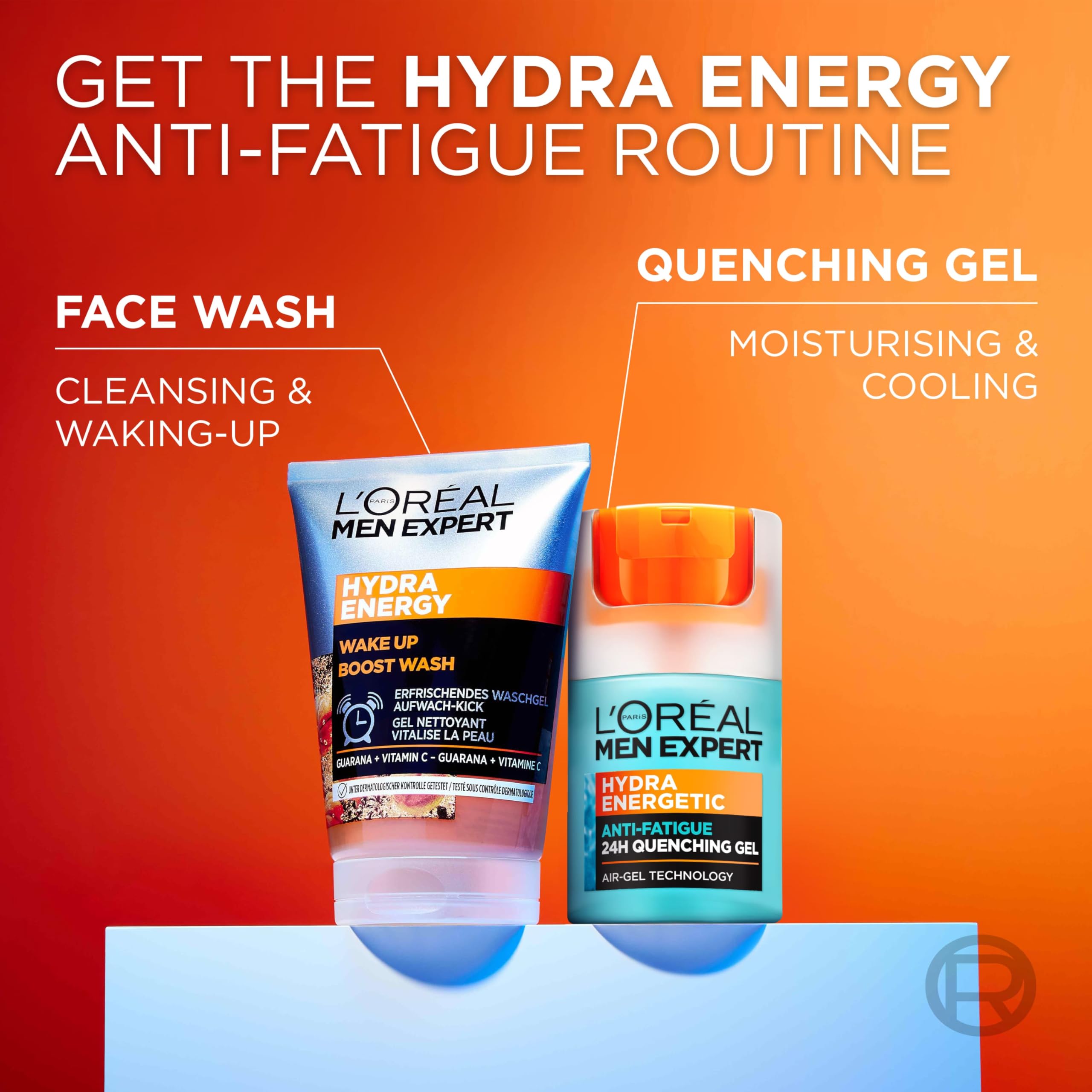 L'Oreal Men Expert in a bathroom routine setting conveying cooling refresh benefit