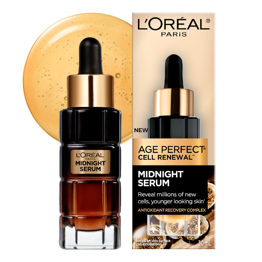 L'Oreal Paris Age Perfect Midnight Serum front packaging showing nighttime repair benefits