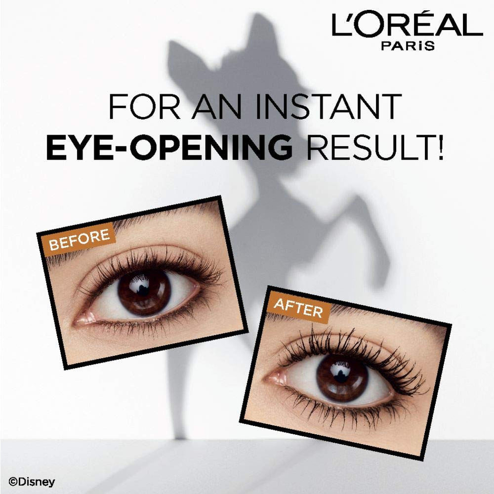L'Oreal Paris mascara swiped on lashes highlighting lifted length and volumizing effect
