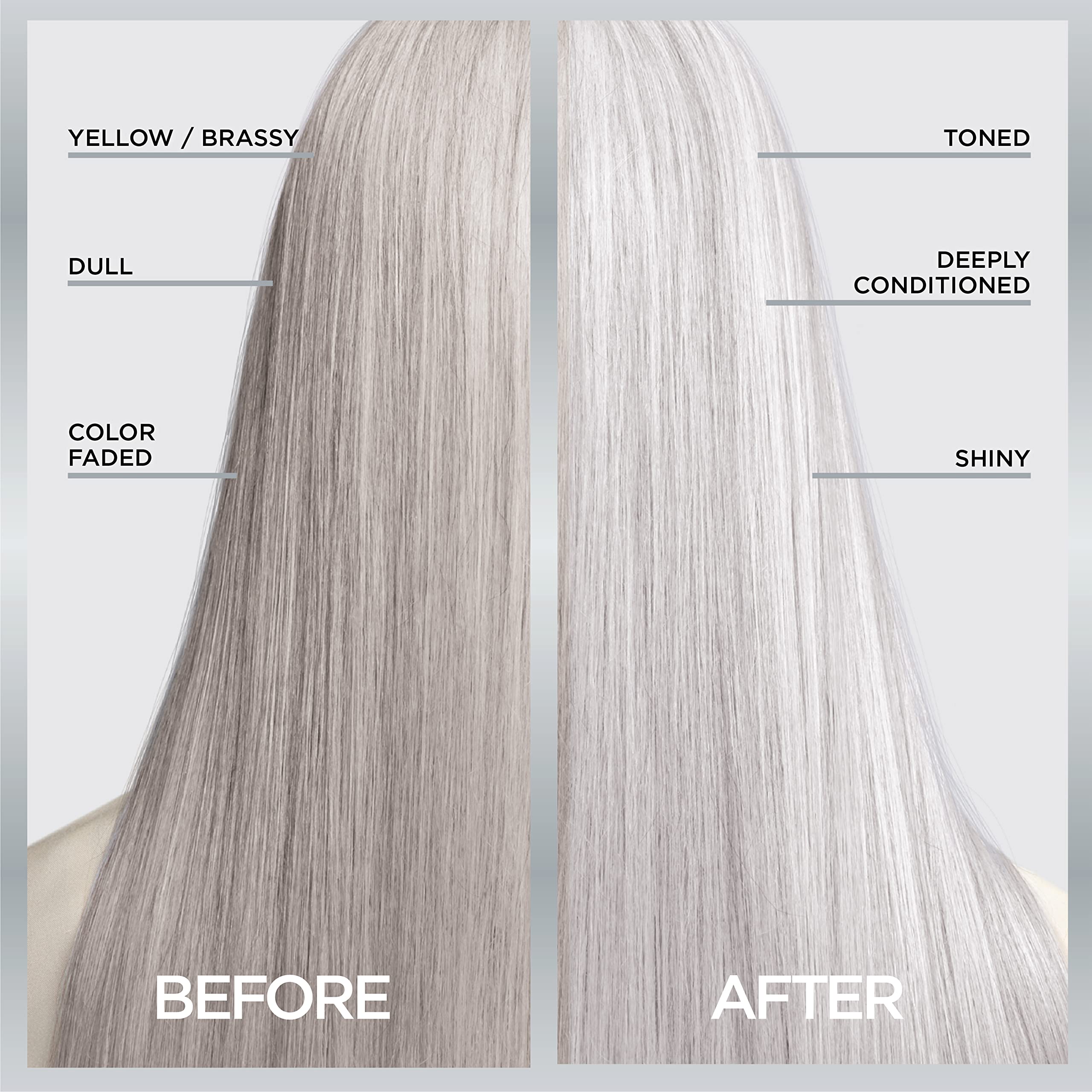 Side-by-side before and after showing L'Oreal Paris cooler silver tone improvement