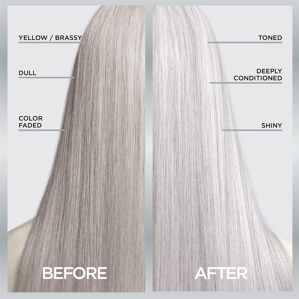 Side-by-side before and after showing L'Oreal Paris cooler silver tone improvement