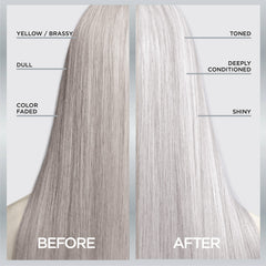 Side-by-side before and after showing L'Oreal Paris cooler silver tone improvement