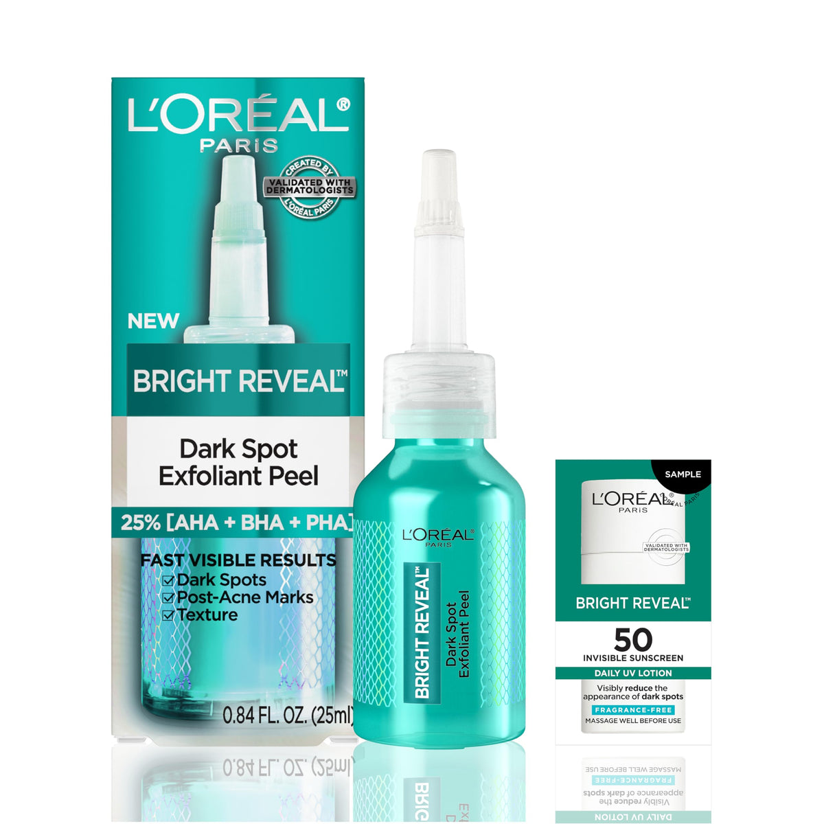 L'Oreal Paris front packaging showing bright reveal bottle and benefits