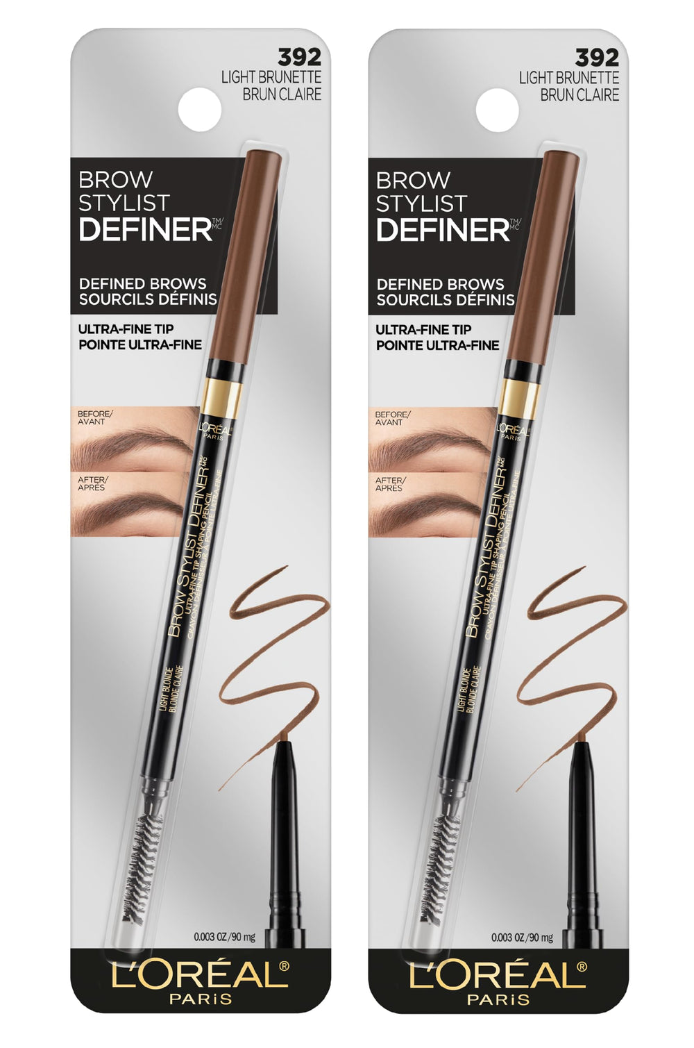 L'Oreal Paris front packaging shows pencil pair and benefits for natural brows