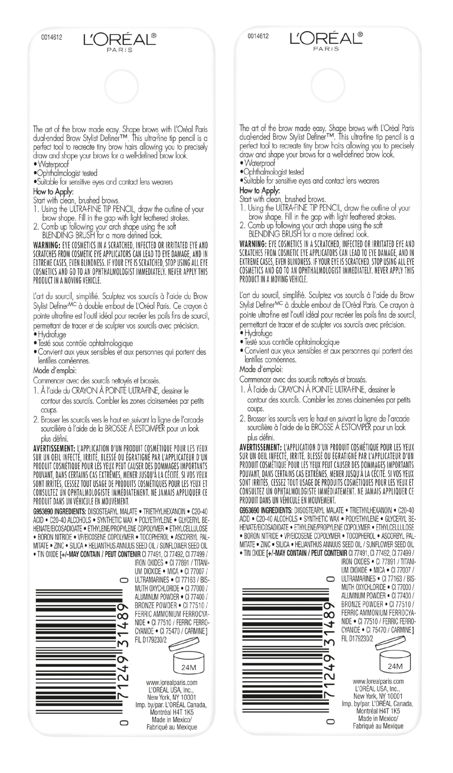 L'Oreal Paris two-pack boxed set highlighting value and backup pencil