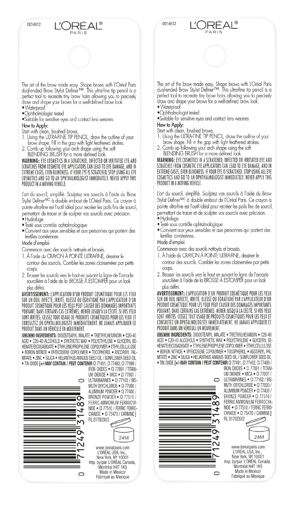 L'Oreal Paris two-pack boxed set highlighting value and backup pencil