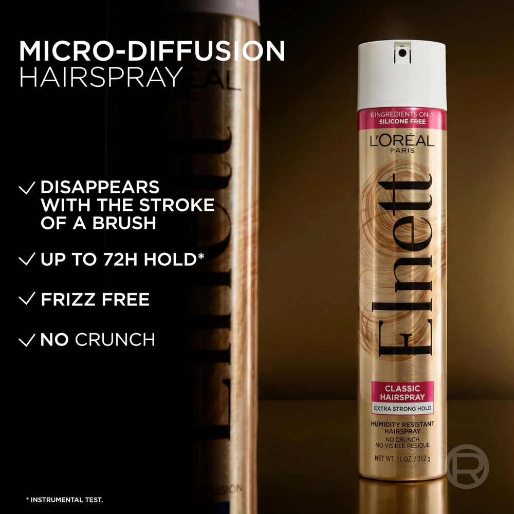 L'Oreal Paris Elnett fine mist spraying over hair for lightweight control