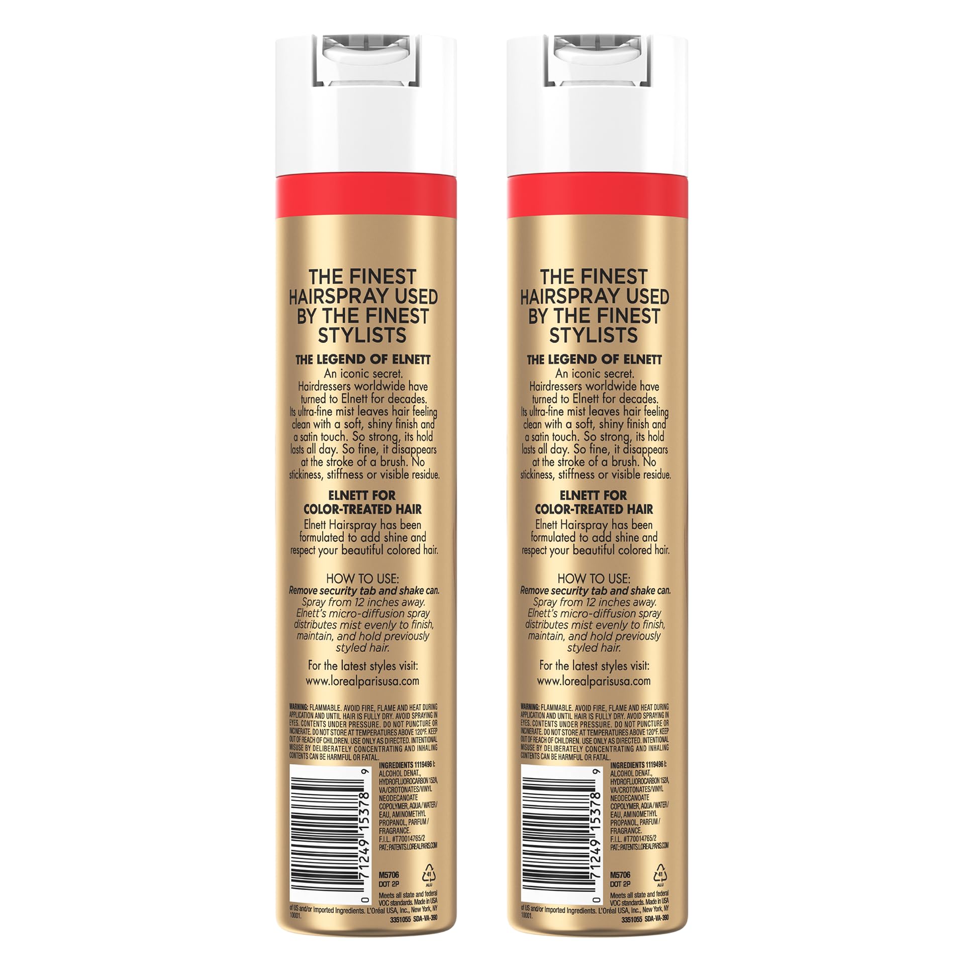 L'Oreal Paris Elnett styled on bathroom shelf for salon-grade routine convenience