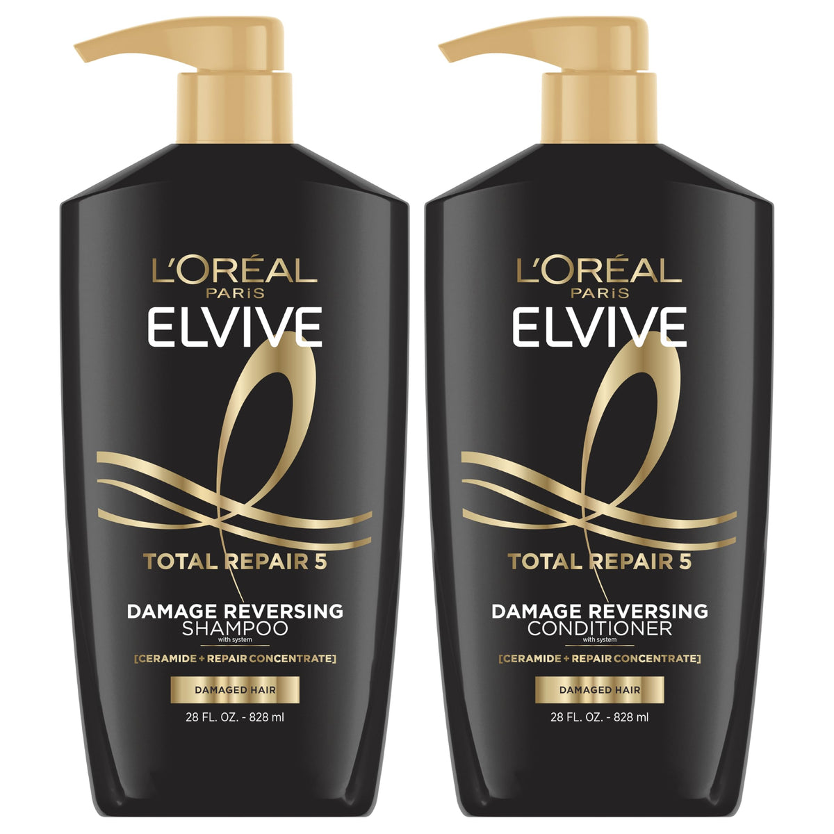 L'Oreal Paris front pair of repair shampoo and conditioner showing packaging and benefit of rebuild