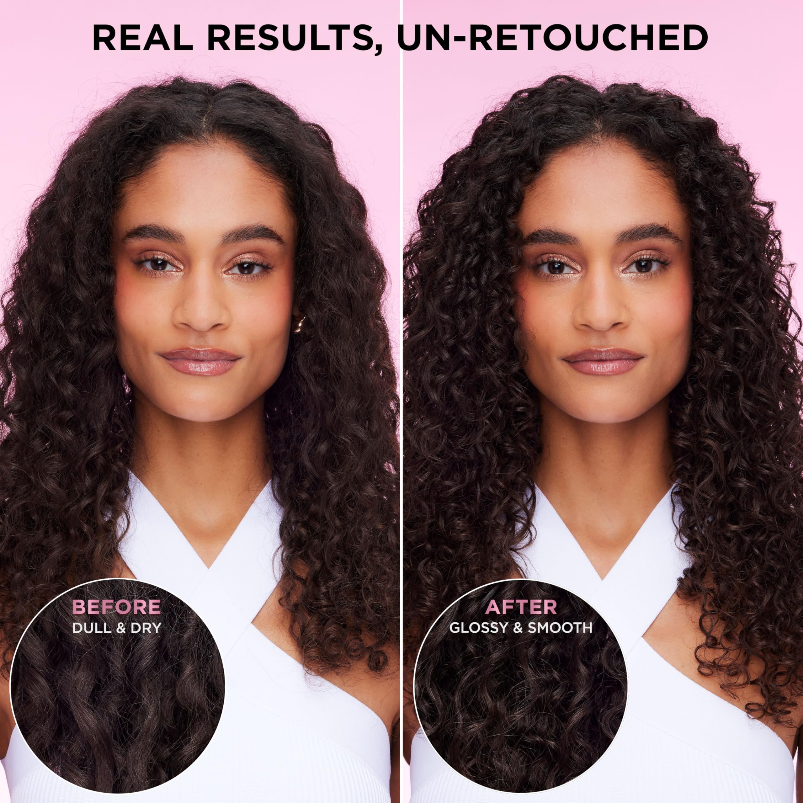 L'Oreal Paris EverPure before and after hair showing improved glass shine benefit