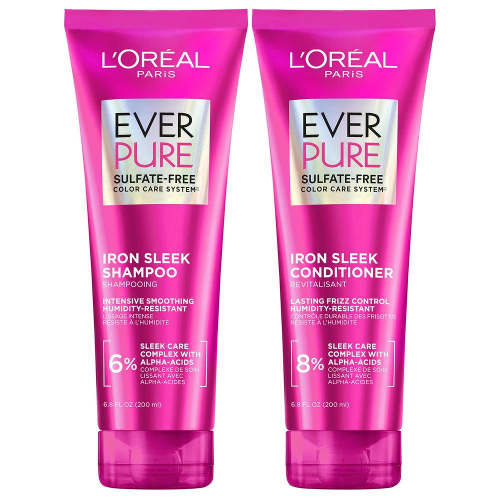 L'Oreal Paris front packaging showing the EverPure Iron Sleek duo and benefits