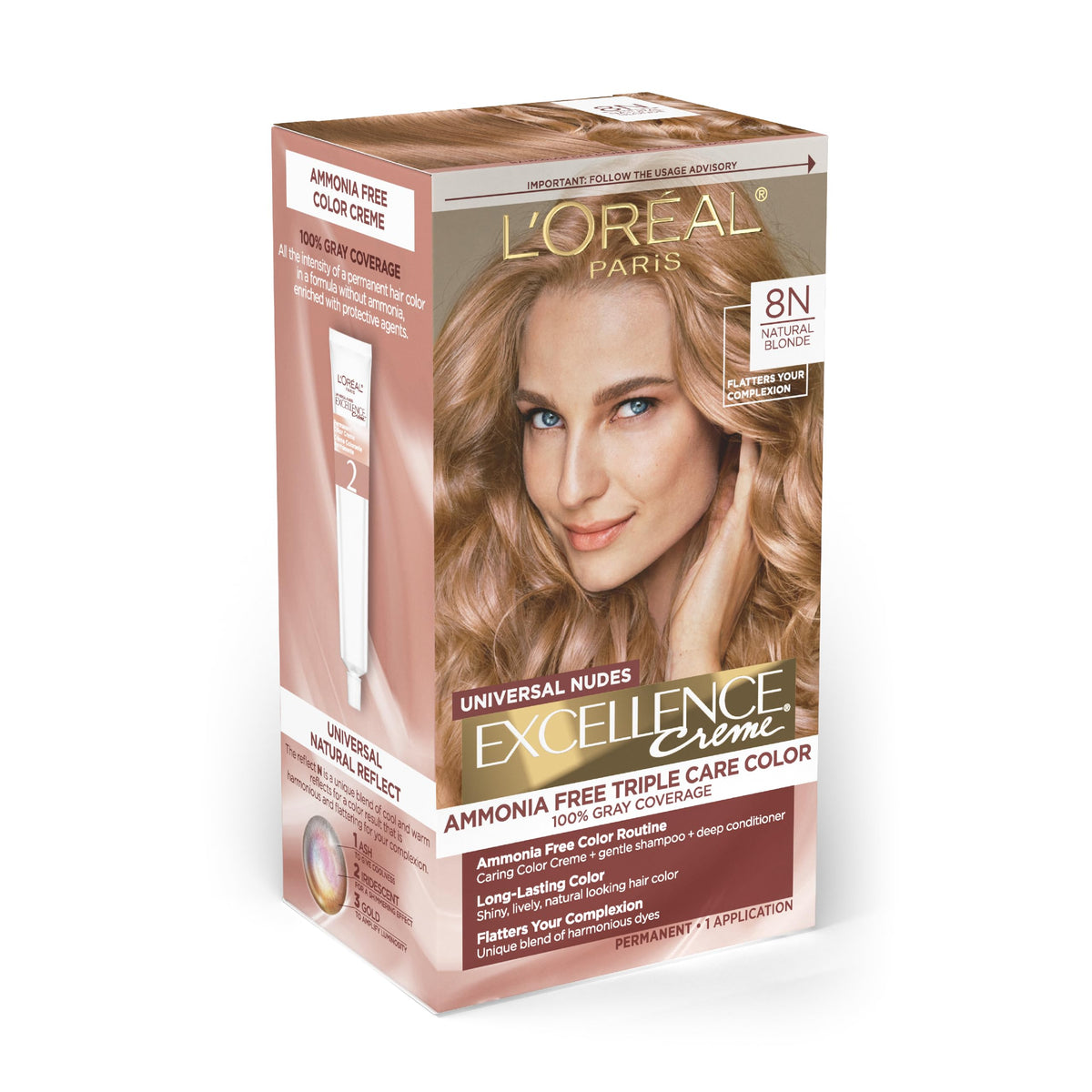 L'Oreal Paris front packaging of Excellence 8N showing shade and benefits