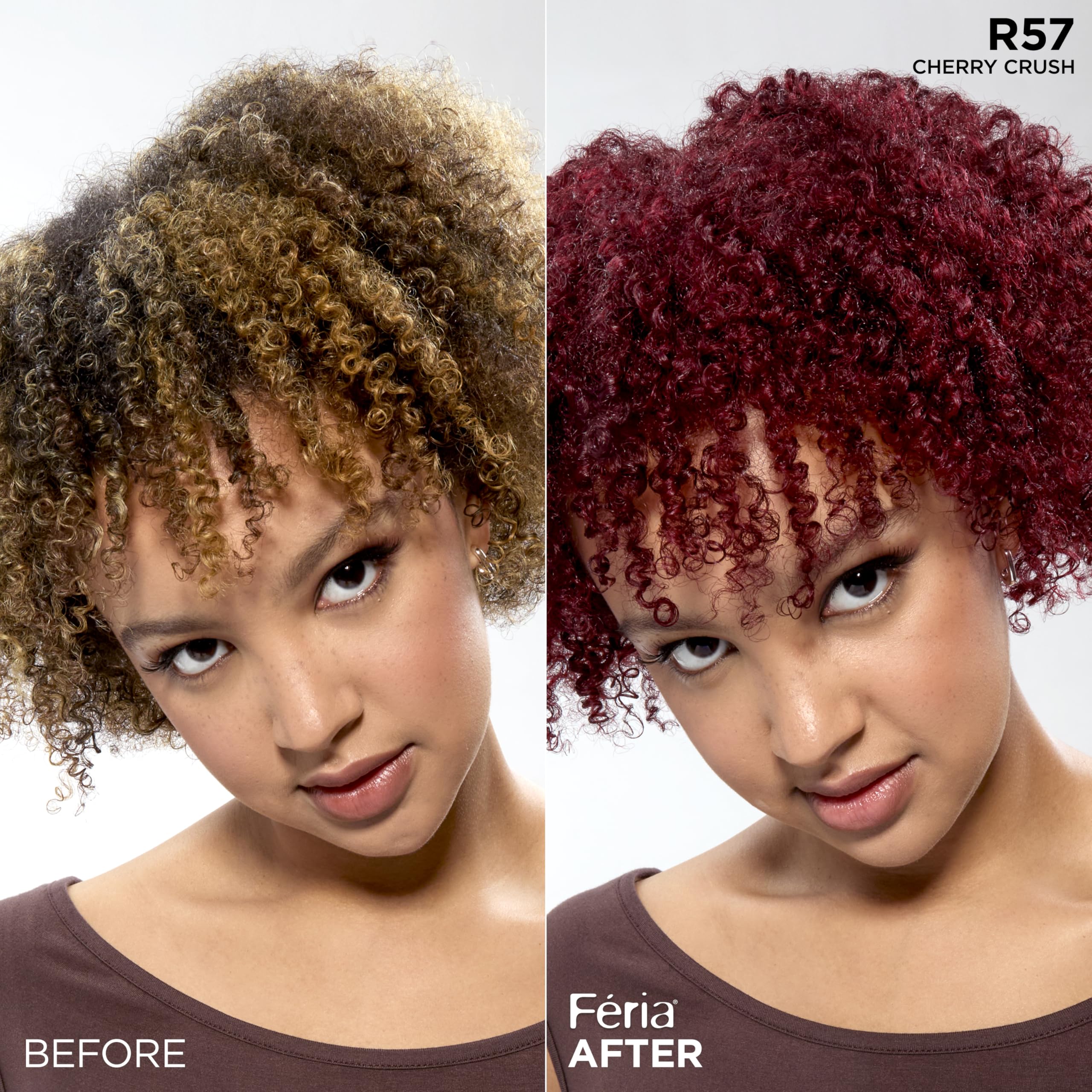 L'Oreal Paris Feria R57 before and after swatch showing multi-tonal shimmer