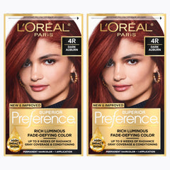 L'Oreal Paris front packaging showing dark auburn 4R and kit benefits