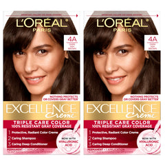 L'Oreal Paris front packaging showing Excellence Crème 4A dark ash brown benefits