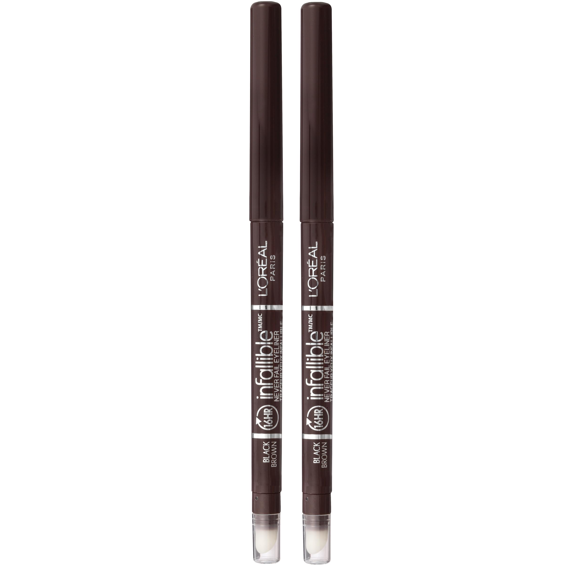 L'Oreal Paris front packaging showing two mechanical eyeliner pencils benefits quick use