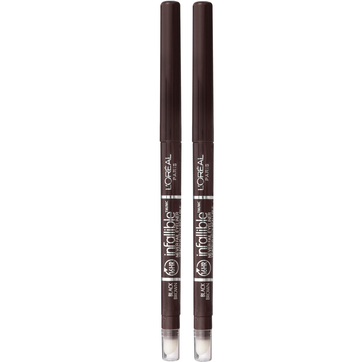 L'Oreal Paris front packaging showing two mechanical eyeliner pencils benefits quick use