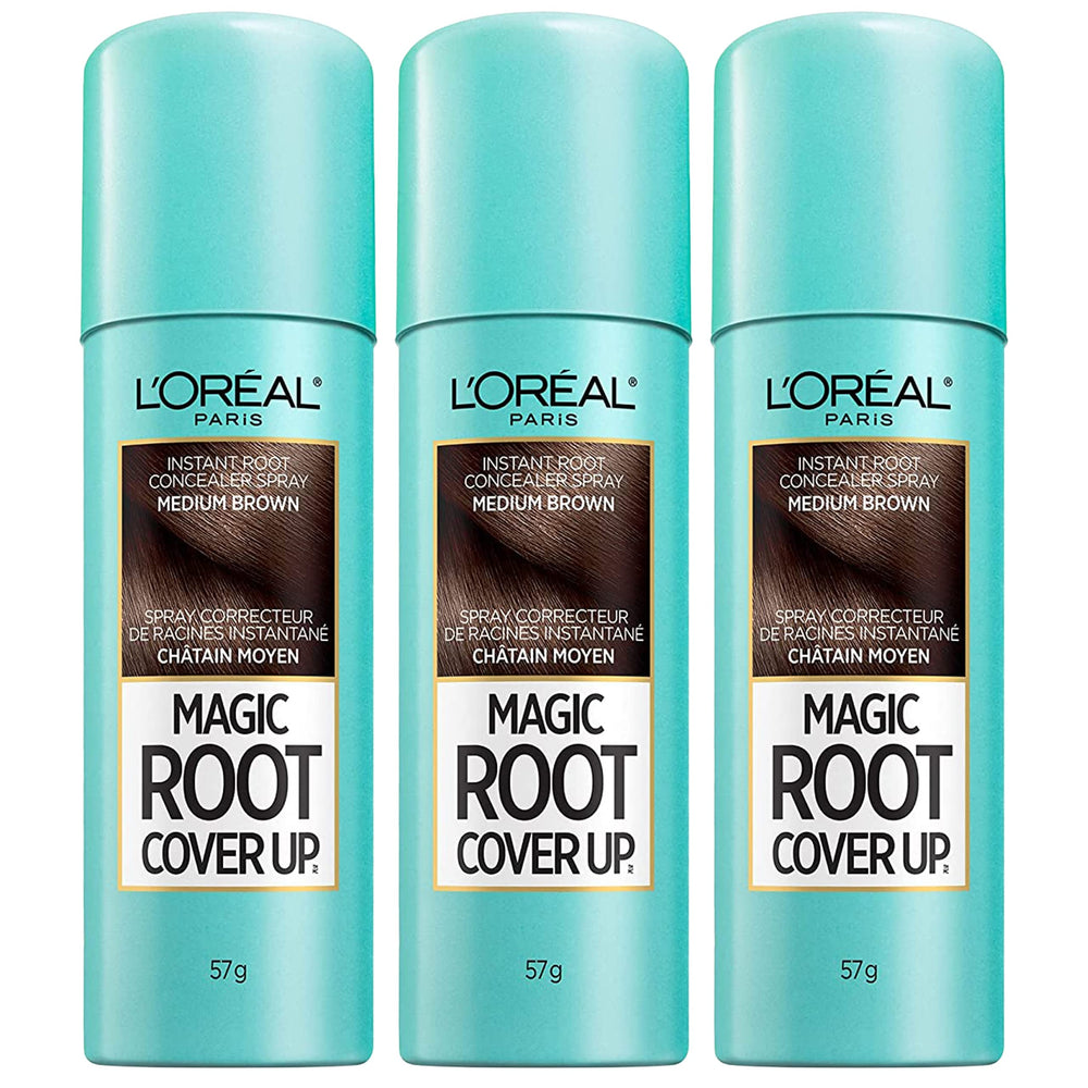 L'Oreal Paris spray can front view showing medium brown shade and compact travel-friendly size