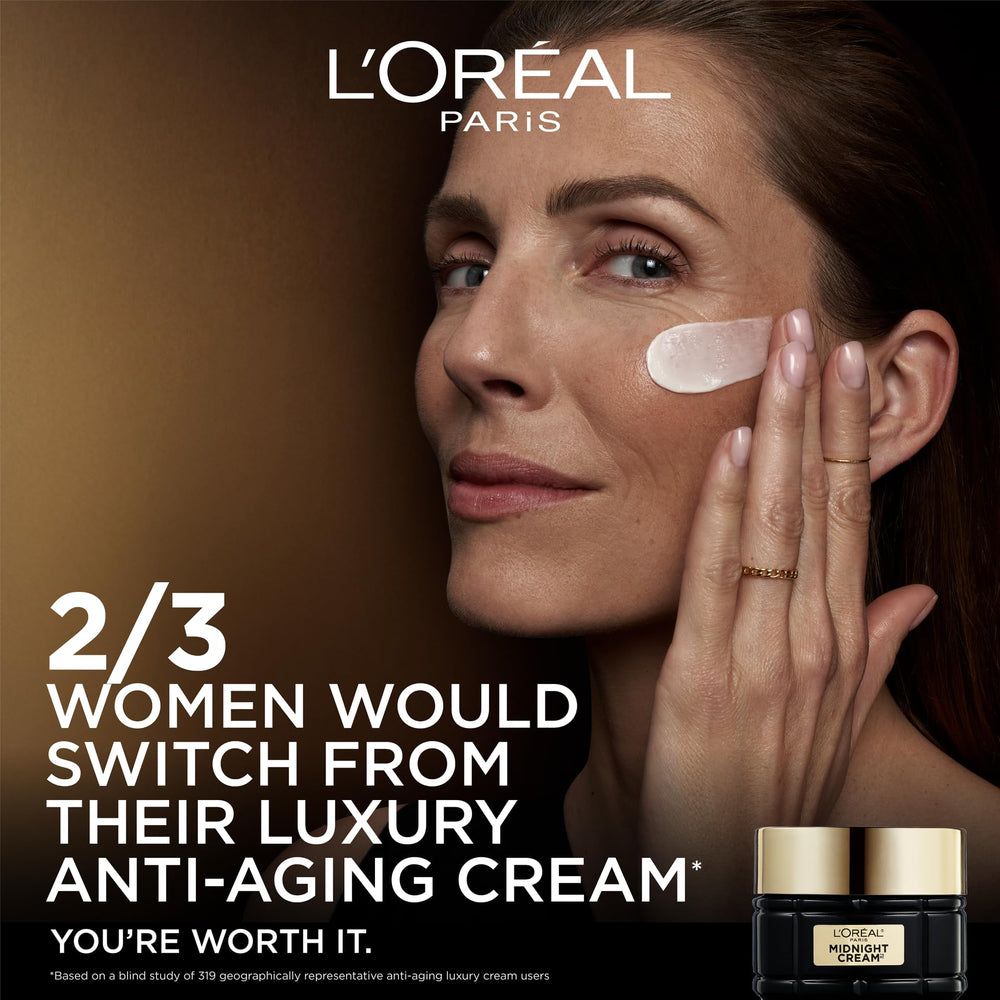 L'Oreal Paris jar on a bedside table lifestyle shot suggesting nightly routine support and convenience