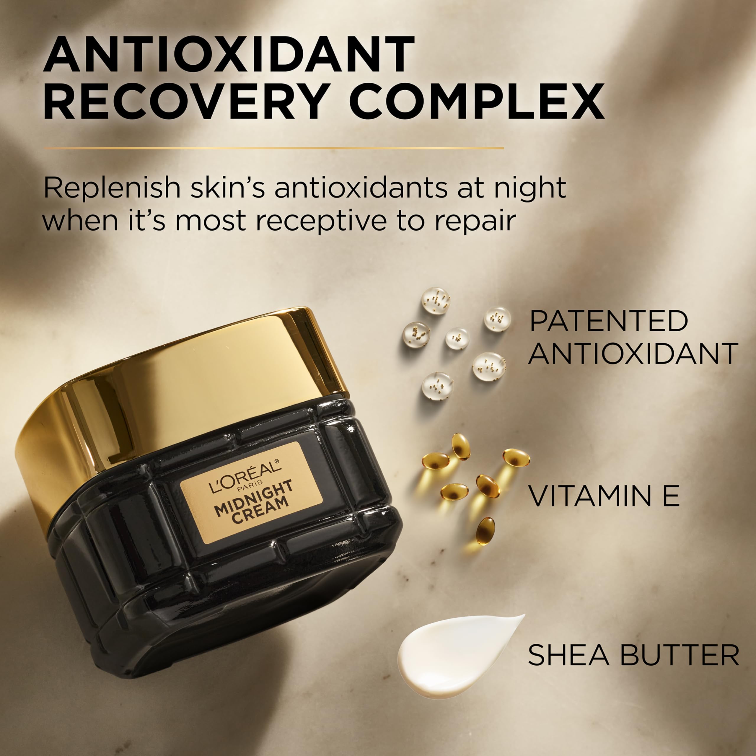 L'Oreal Paris jar with included Midnight Serum sample illustrating how serum pairs with cream for layered routine