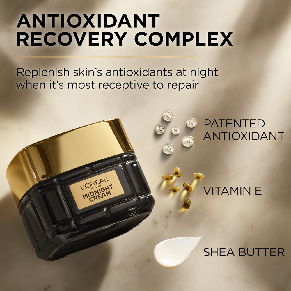 L'Oreal Paris jar with included Midnight Serum sample illustrating how serum pairs with cream for layered routine