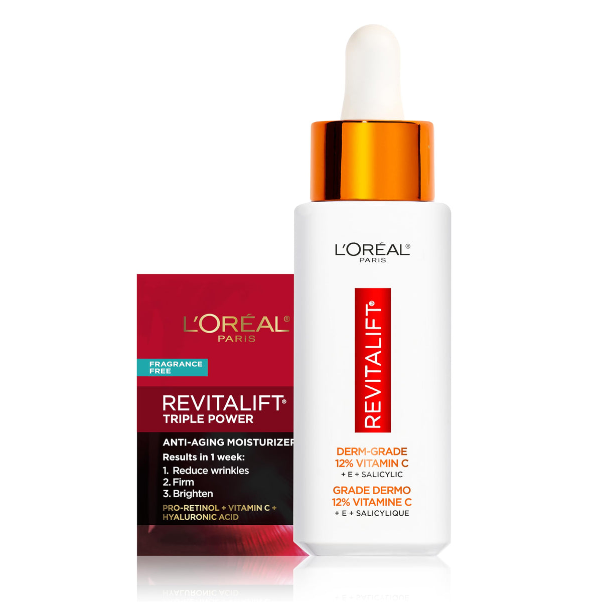 L'Oreal Paris serum front pipette showing product and brightening benefit