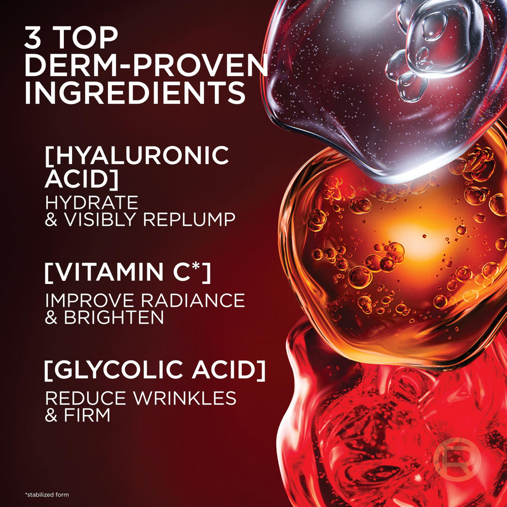 L'Oreal Paris ingredient label highlighting glycolic acid and vitamin C benefits